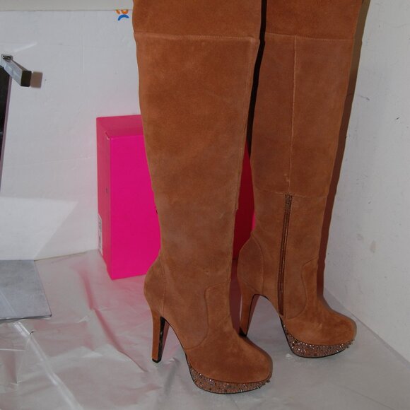 8.5❤️Betsey Johnson Suede Oiled Leather Over the Knee High Heels Platform BOOTS - Picture 1 of 12
